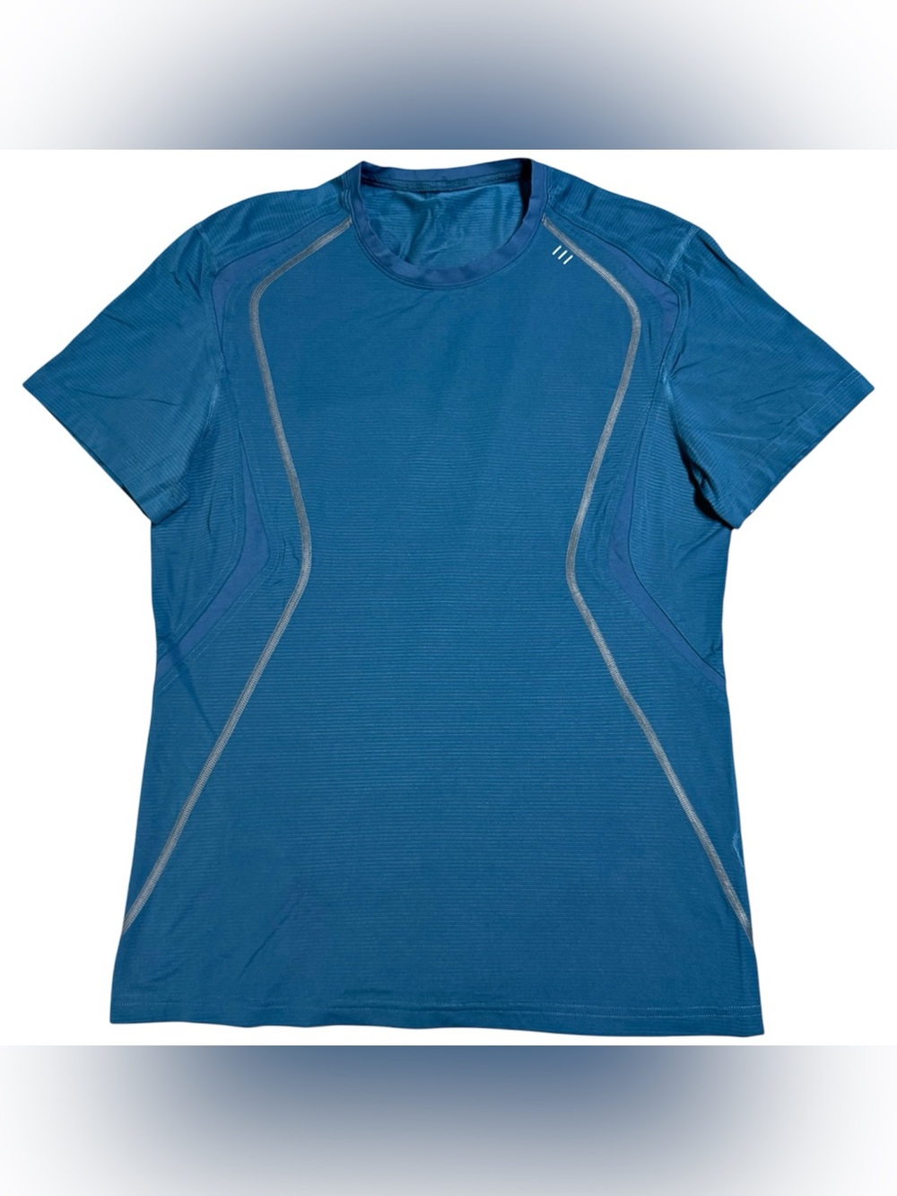 Lululemon Mens Med Blue Running Shirt Reflective Short Sleeve Pocket Technical